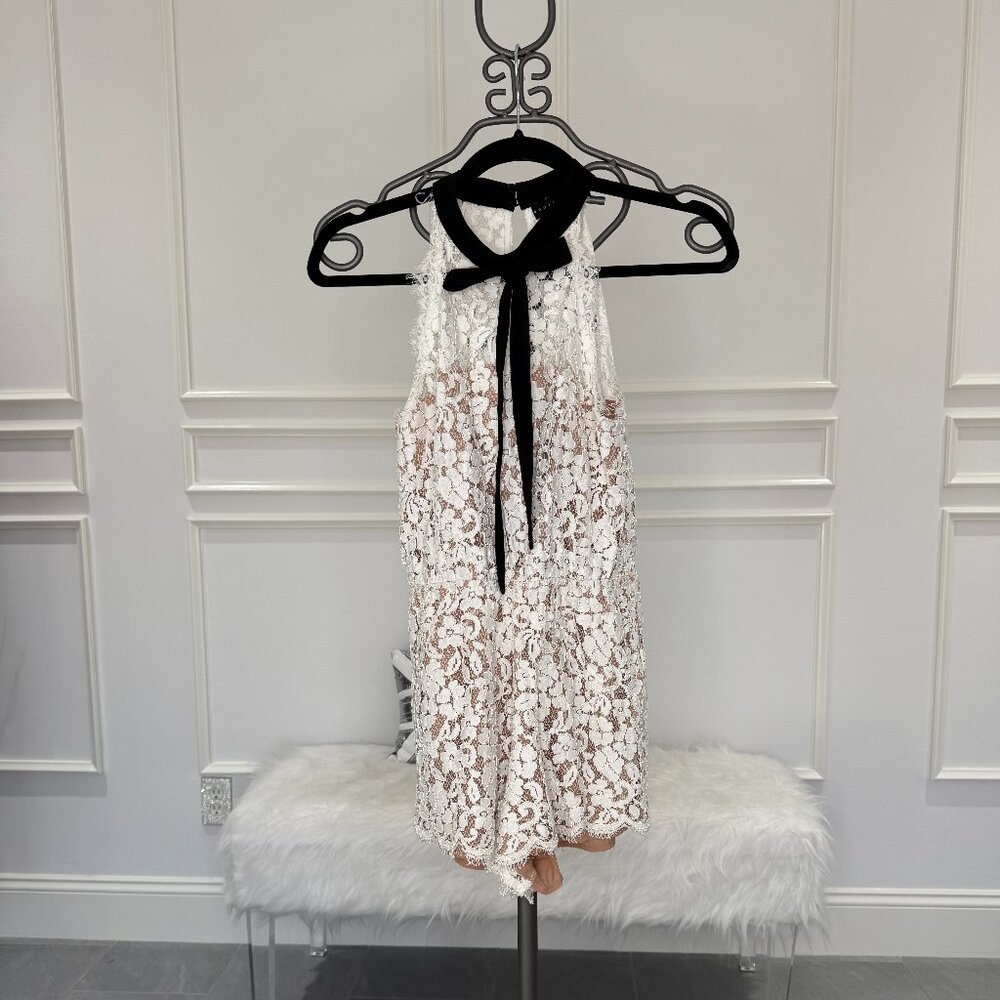 White lace romper with black tie